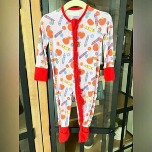 Poppy Kids Co Bamboo Footie Pajamas baby girl school ruffles crayons apples red